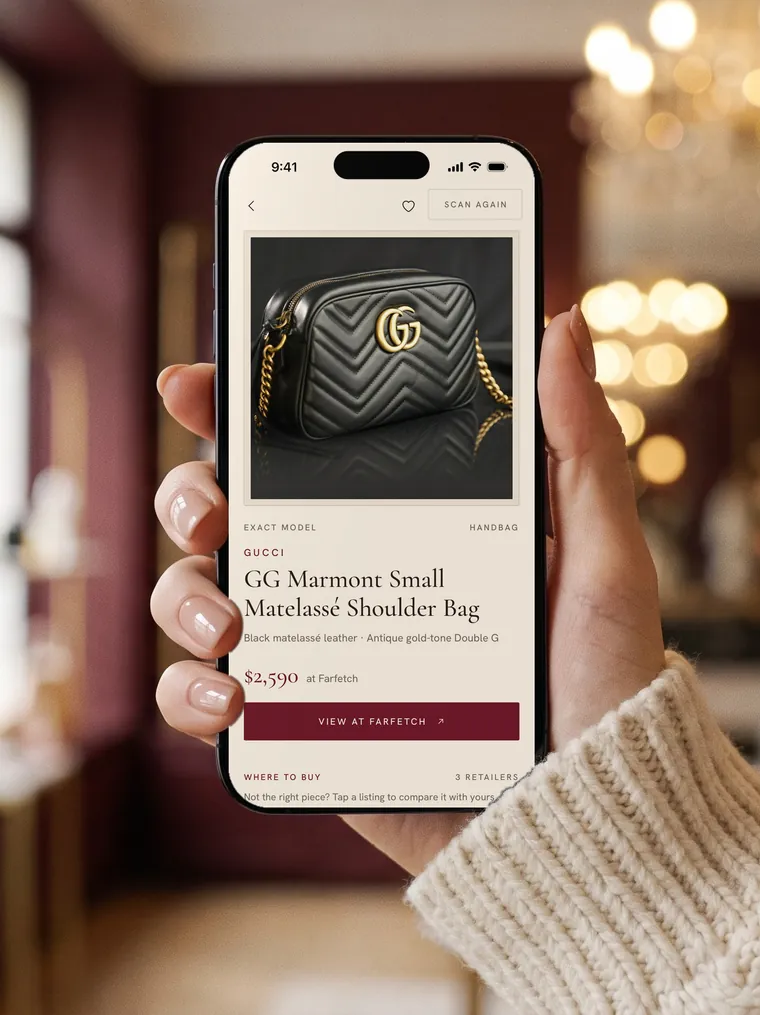 A hand holds ModaScan in a boutique; the screen shows the exact model, a Gucci GG Marmont Small Matelassé Shoulder Bag at $2,590 at Farfetch.