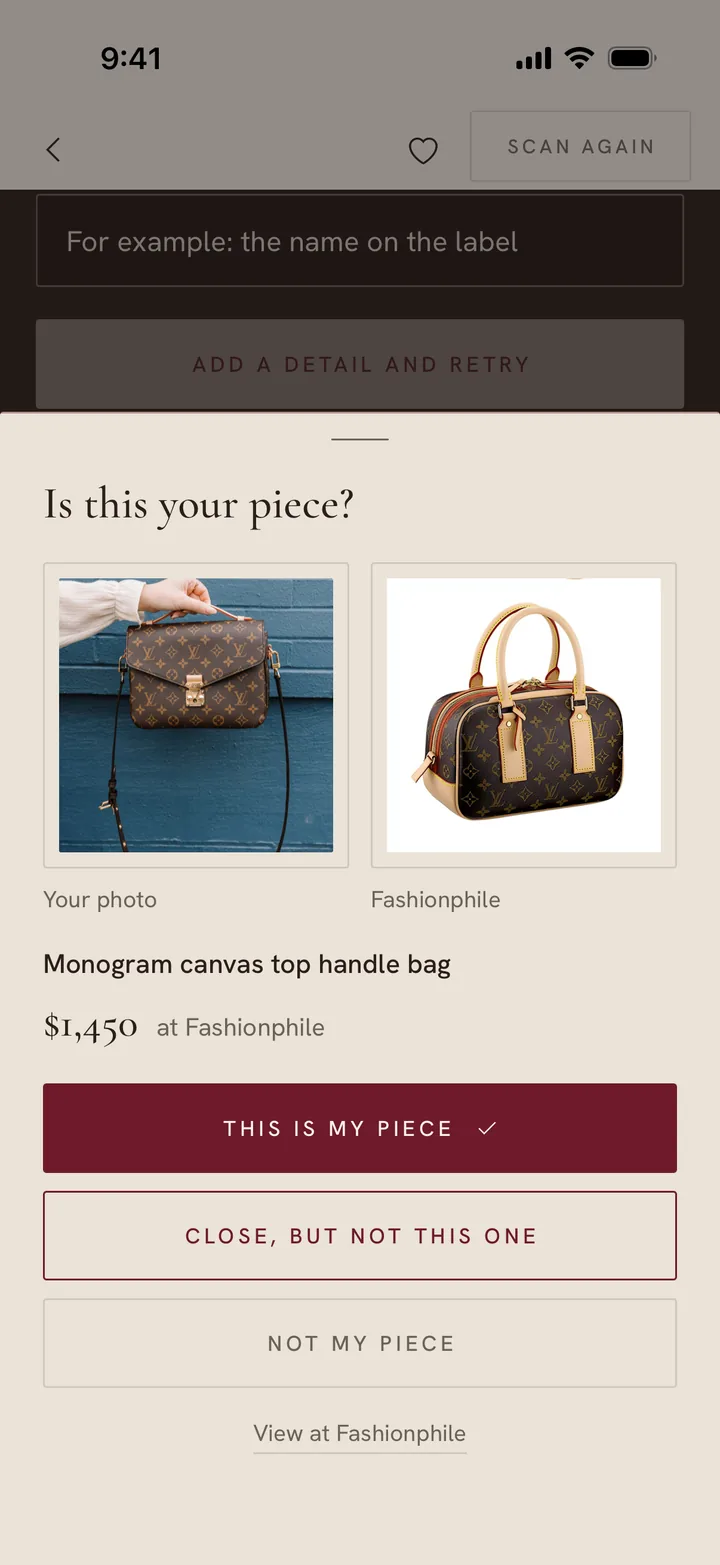 Is this your piece? The photo beside Fashionphile's monogram canvas top handle bag at $1,450, a different bag, with This is my piece, Close, but not this one, Not my piece and View at Fashionphile.