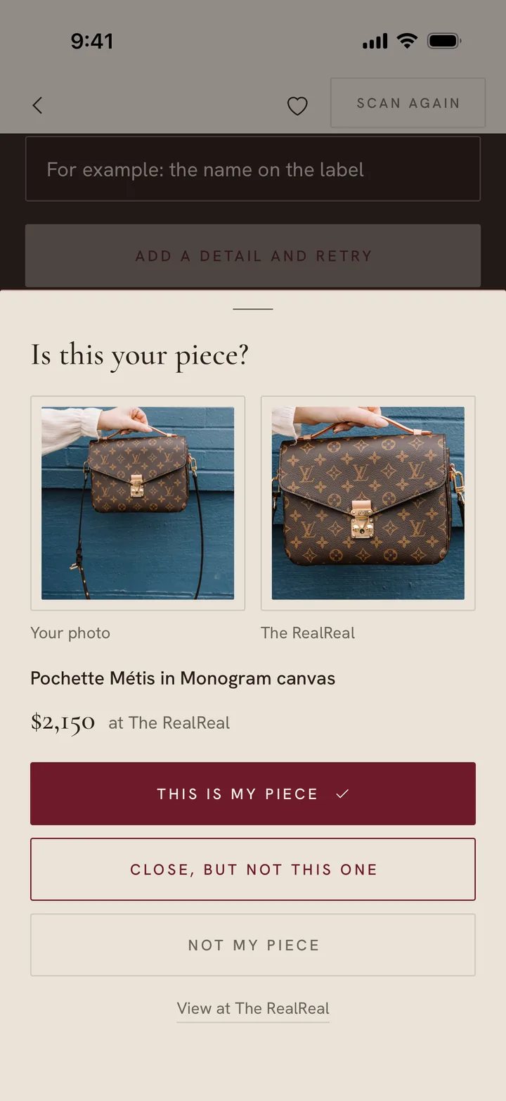 Is this your piece? The photo beside The RealReal's Pochette Métis at $2,150, with This is my piece, Close, but not this one, Not my piece and View at The RealReal.