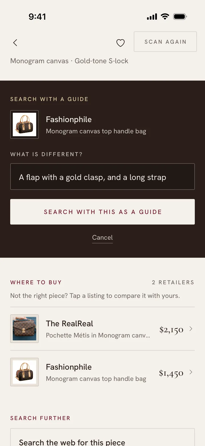Search with a guide: Fashionphile's listing, What is different? A flap with a gold clasp, and a long strap. Search with this as a guide.