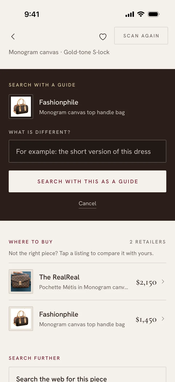 Search with a guide: Fashionphile's listing, and a field, What is different?