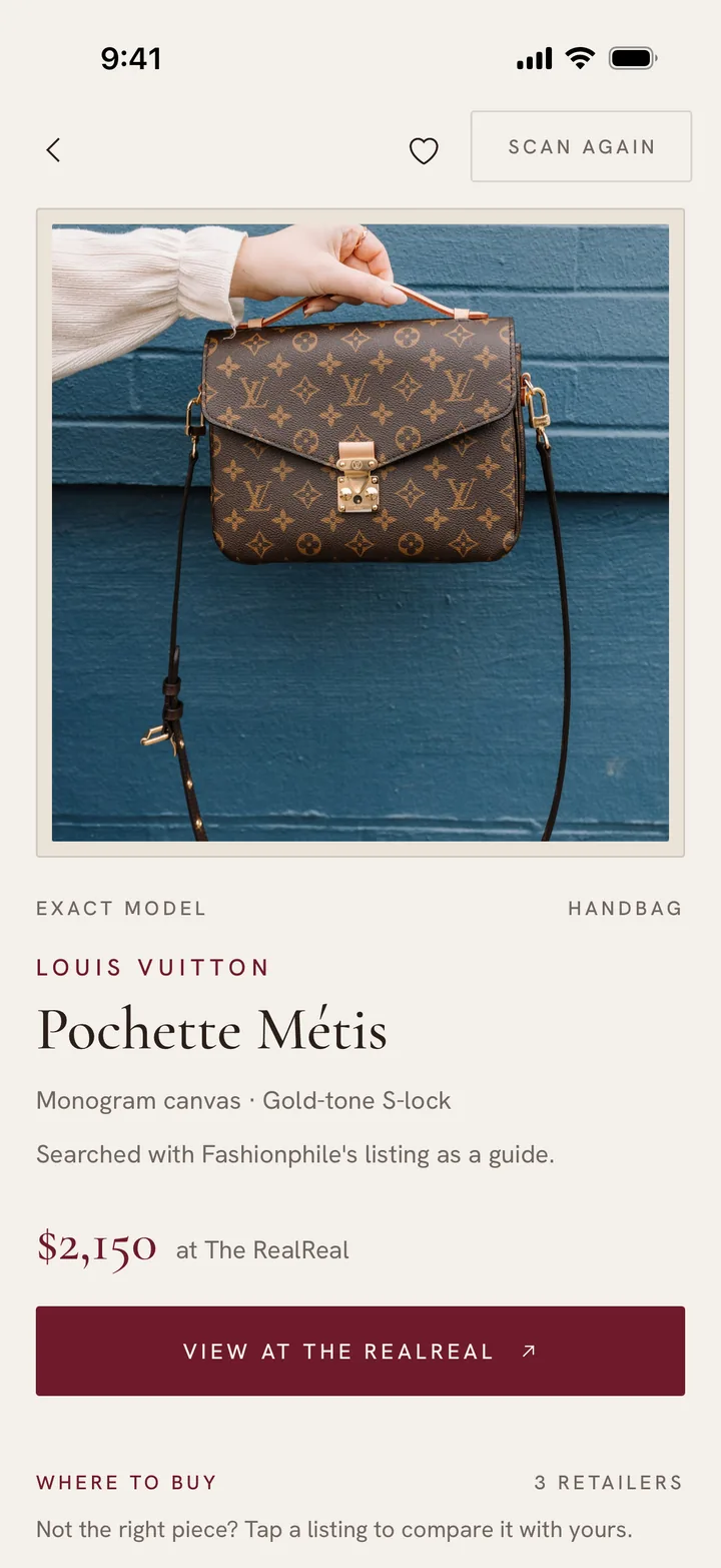 The result: Exact model, Louis Vuitton, Pochette Métis, Searched with Fashionphile's listing as a guide, $2,150 at The RealReal.