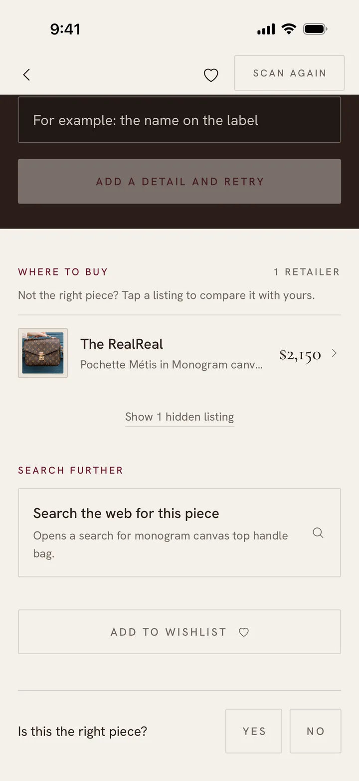 Where to buy, one retailer: The RealReal at $2,150, and Show 1 hidden listing.
