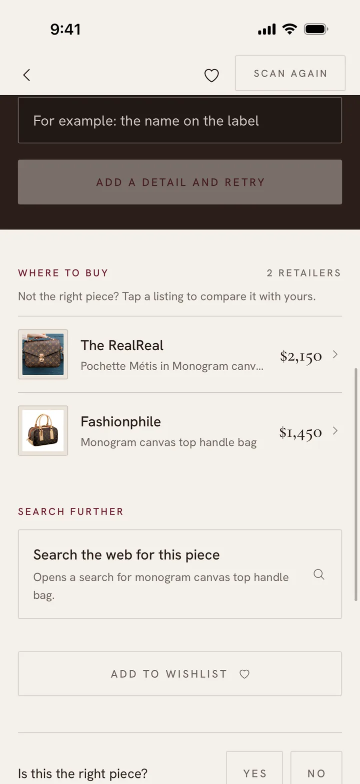 Where to buy, for a Louis Vuitton whose model is not confirmed: Not the right piece? Tap a listing to compare it with yours. The RealReal, a Pochette Métis at $2,150, and Fashionphile, a monogram canvas top handle bag at $1,450.