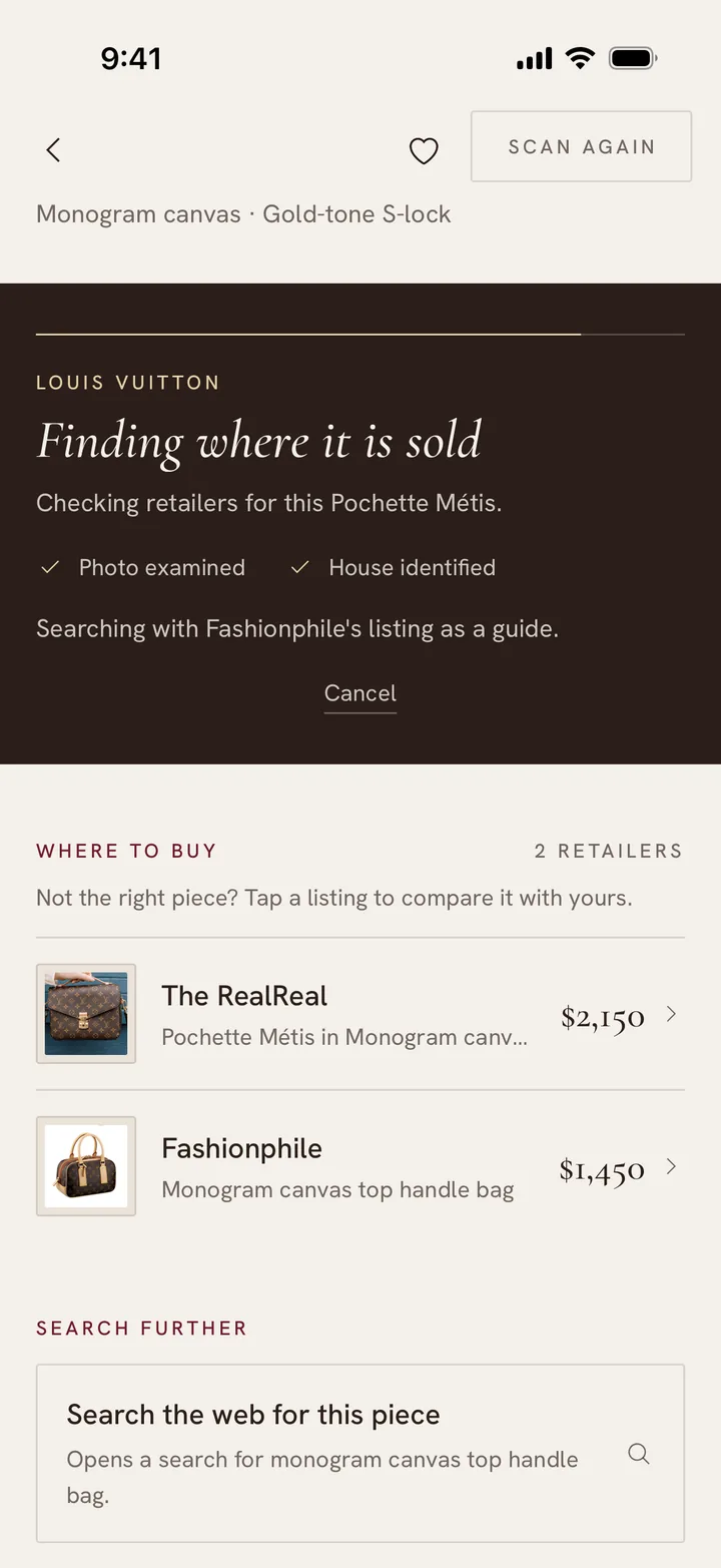 Finding where it is sold: Photo examined, House identified, Searching with Fashionphile's listing as a guide.
