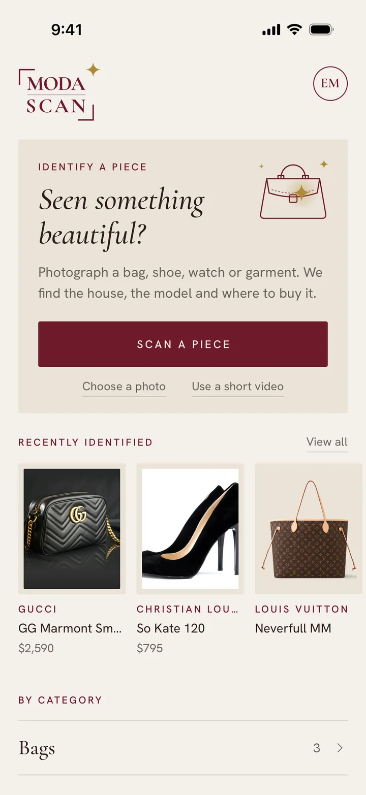 ModaScan's Home: Seen something beautiful? and Scan a piece, above three recent scans.