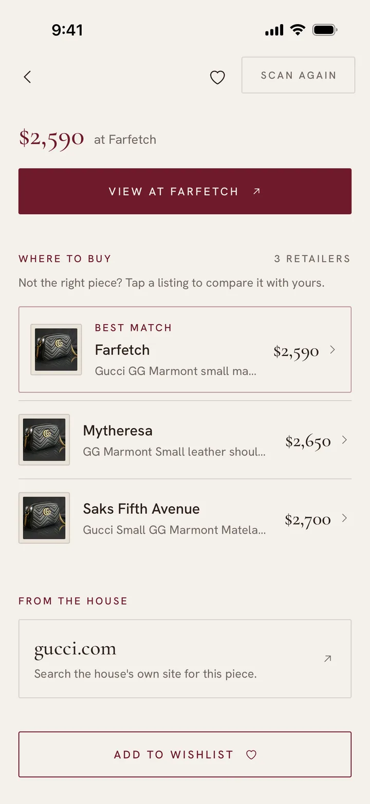 Where to buy: Farfetch at $2,590 as the best match, then Mytheresa and Saks Fifth Avenue, and gucci.com from the house.