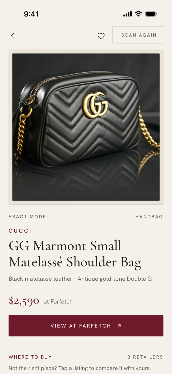 The result: Exact model, Gucci, GG Marmont Small Matelassé Shoulder Bag in black matelassé leather, $2,590 at Farfetch.